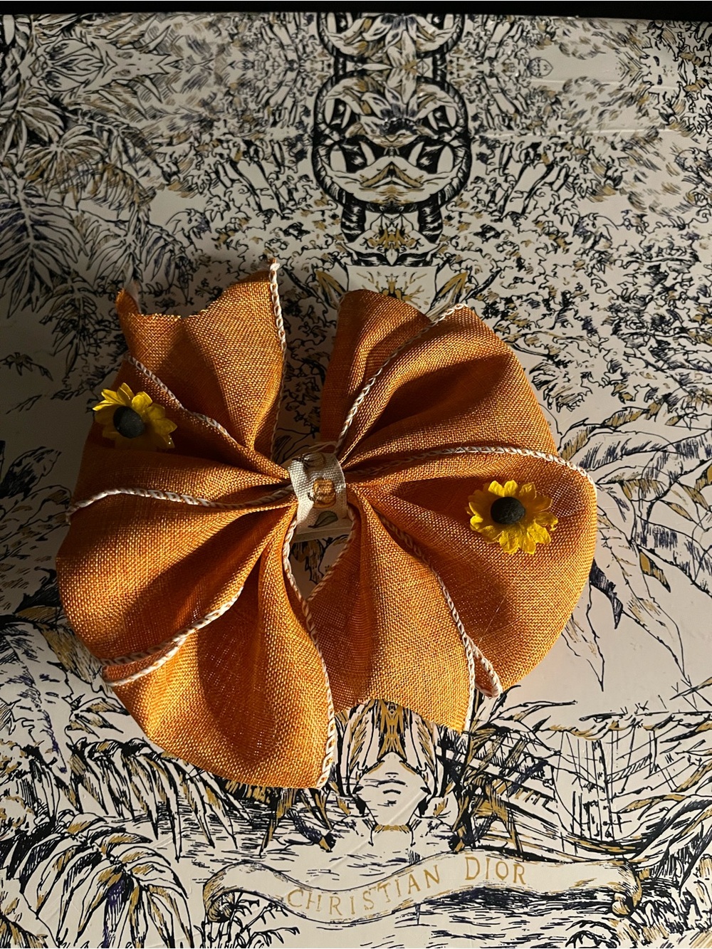 Handmade Orange Fabric Bow Hair Clip with Sunflower and Pumpkin Center